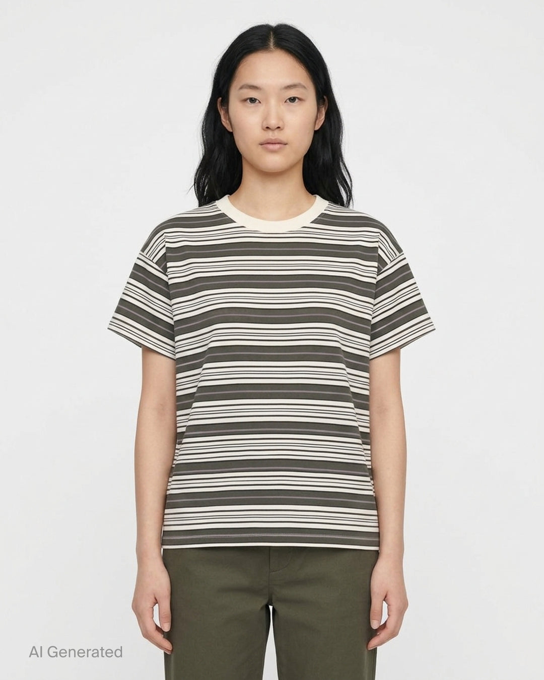rag & bone Kelly Stripe Boxy Jersey Tee in olive, cream, navy and lavender multi-stripe with cream crew neck, front view - front