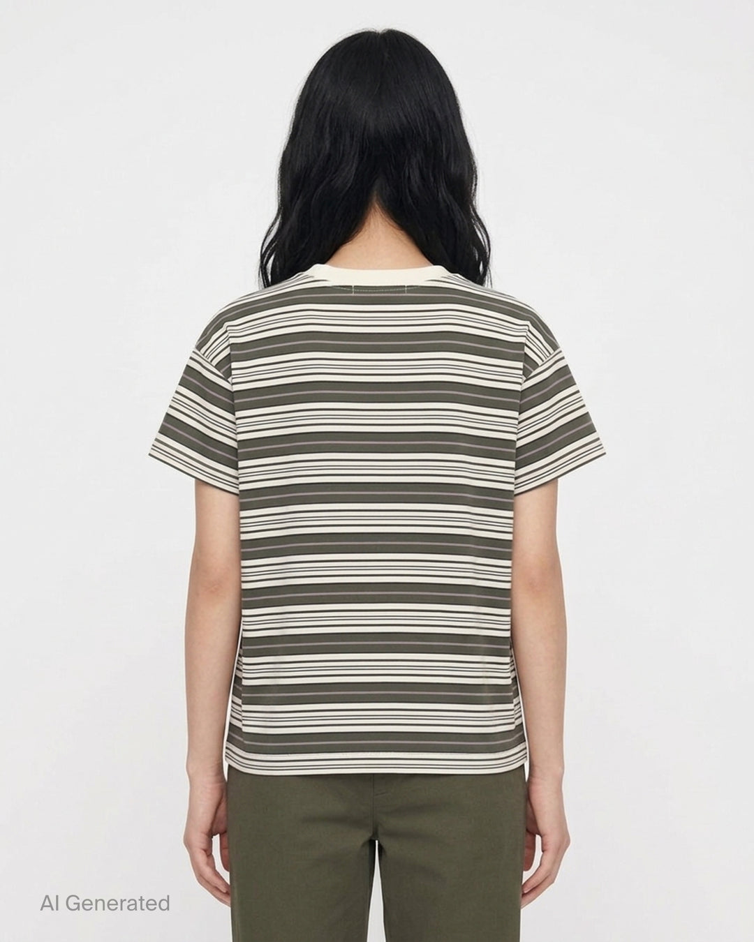 rag & bone Kelly Stripe Boxy Jersey Tee in olive, cream, navy and lavender multi-stripe with cream crew neck, front view - back