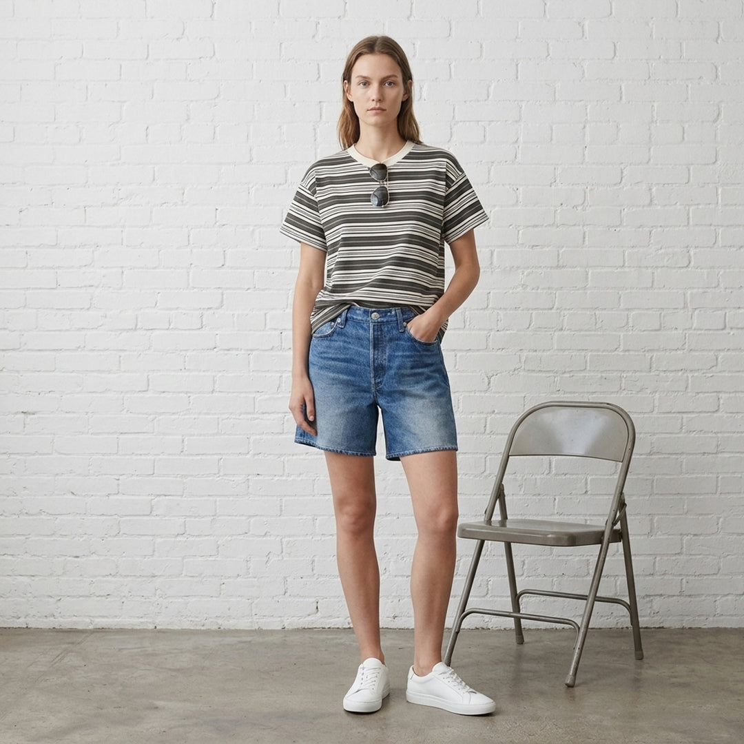 rag & bone Kelly Stripe Boxy Jersey Tee in olive, cream, navy and lavender multi-stripe with cream crew neck, front view - lifestyle