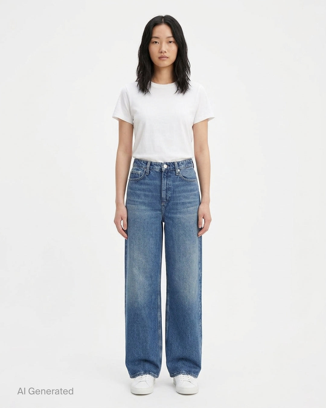 rag & bone Logan Wide Jeans in a faded mid-blue wash, shown from the front with a high-rise waist and wide straight leg - front