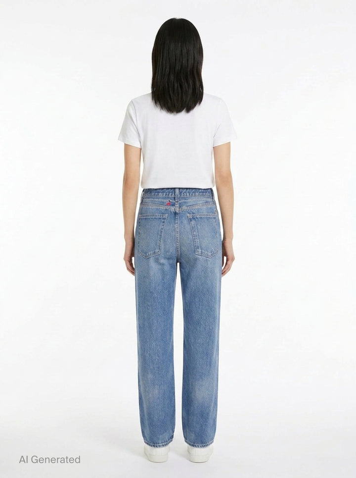 rag & bone Miramar Charm Wide Leg Jeans in mid-blue faded wash with silver chain trim along the waistband, five-pocket detailing, and a relaxed straight-leg silhouette - back