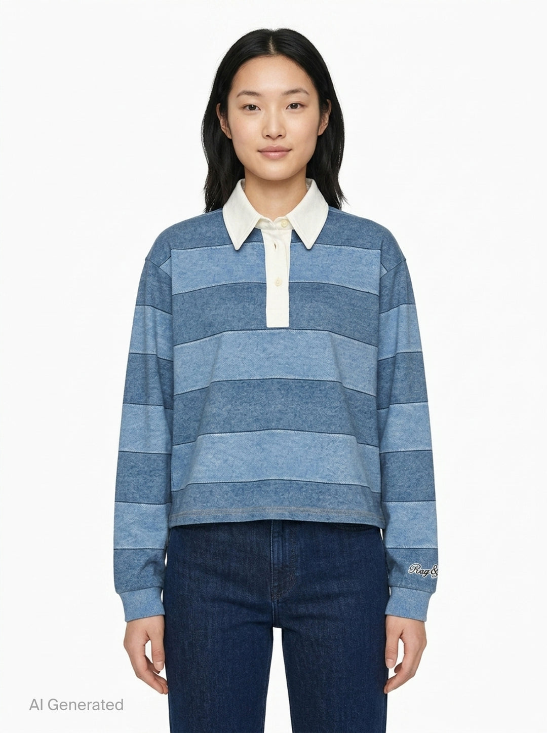 rag & bone Miramar Cropped Rugby Polo in tonal blue denim stripe with cream contrast collar, button placket, and ribbed cuffs - front