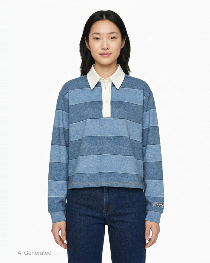 rag & bone Miramar Cropped Rugby Polo in tonal blue denim stripe with cream contrast collar, button placket, and ribbed cuffs - front