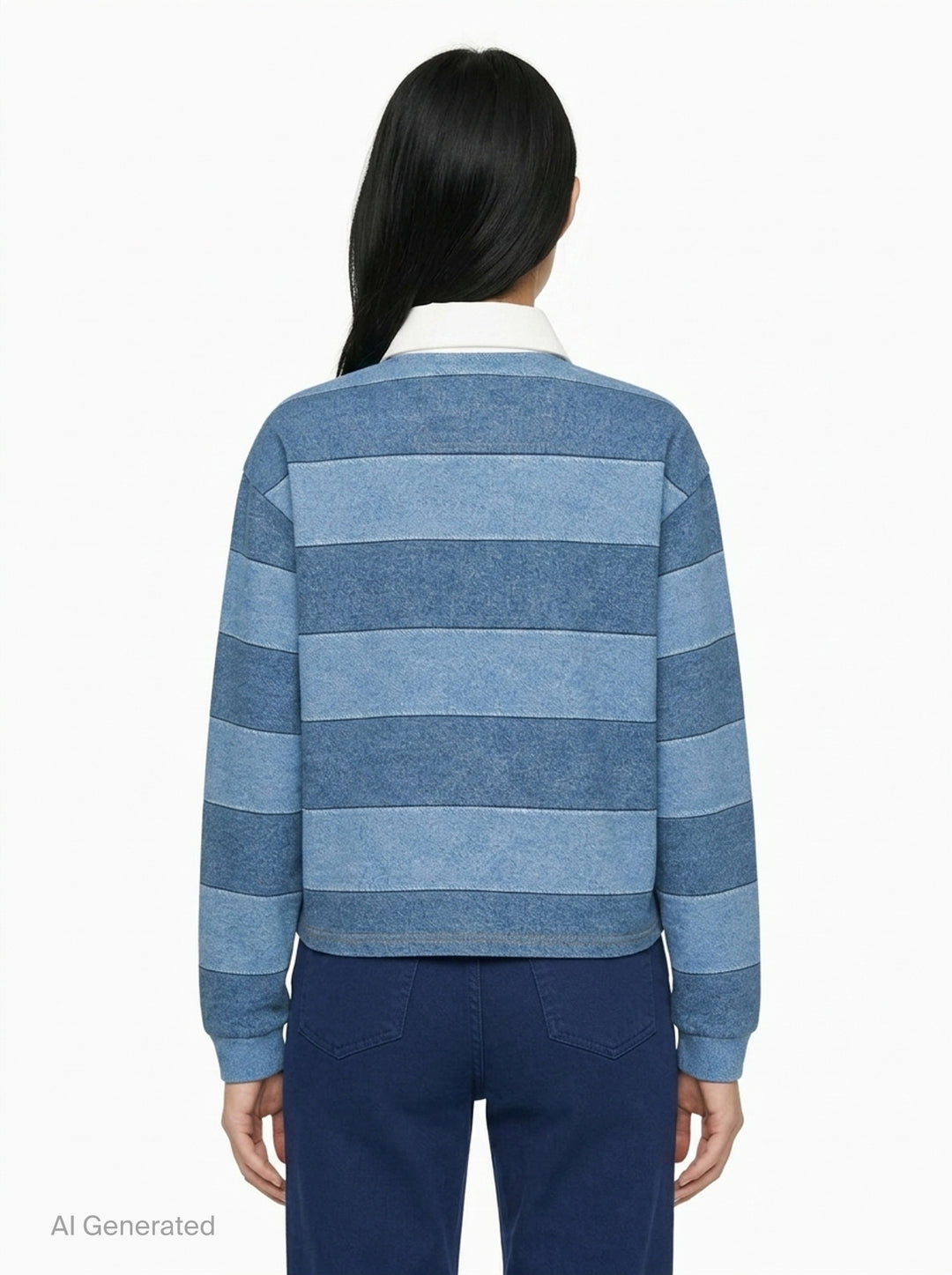 rag & bone Miramar Cropped Rugby Polo in tonal blue denim stripe with cream contrast collar, button placket, and ribbed cuffs - back