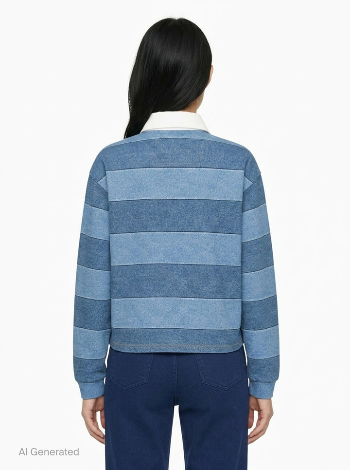 rag & bone Miramar Cropped Rugby Polo in tonal blue denim stripe with cream contrast collar, button placket, and ribbed cuffs - back