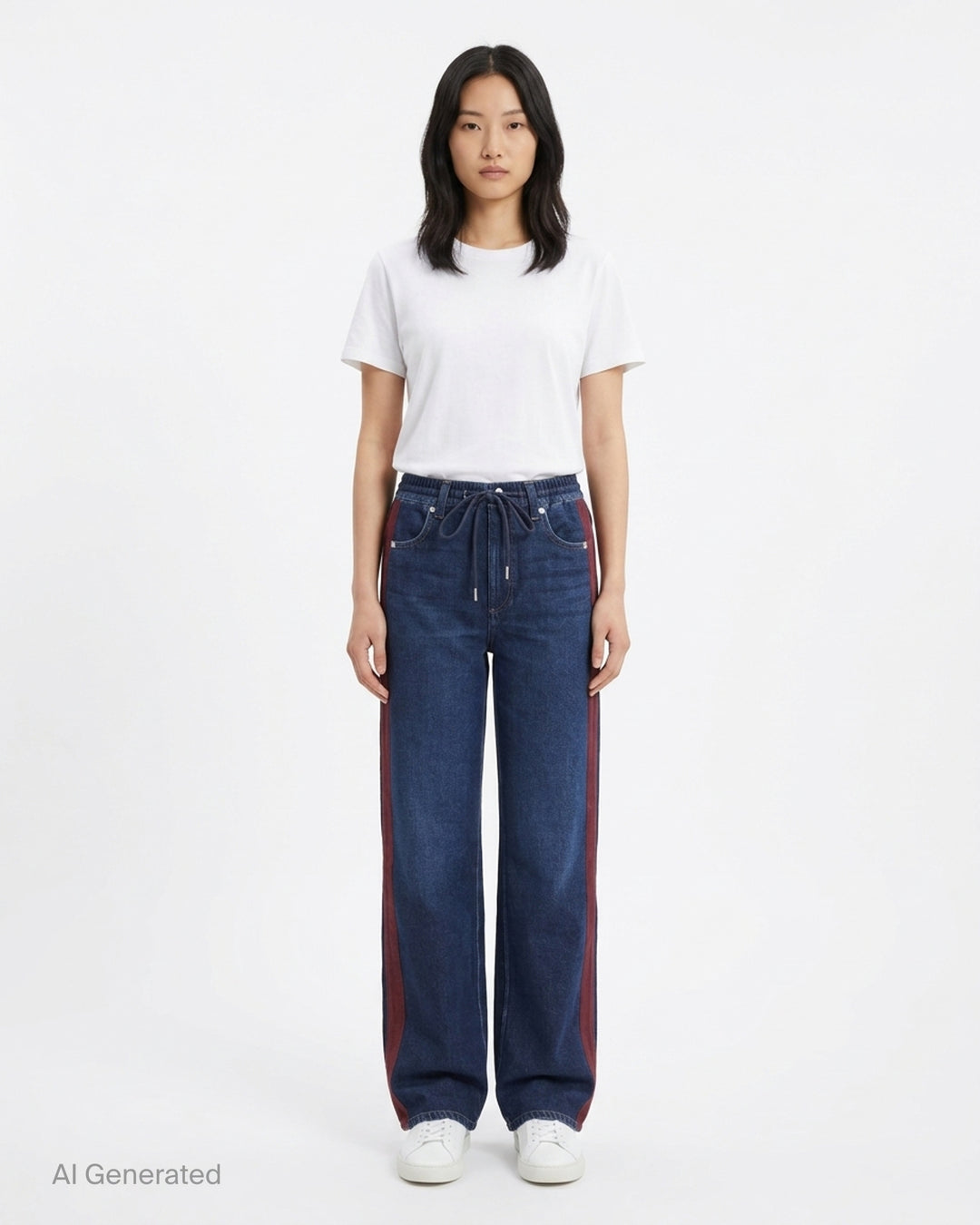 rag & bone Miramar wide-leg jeans in dark indigo denim with an elasticated drawcord waist and burgundy contrast side stripes - front