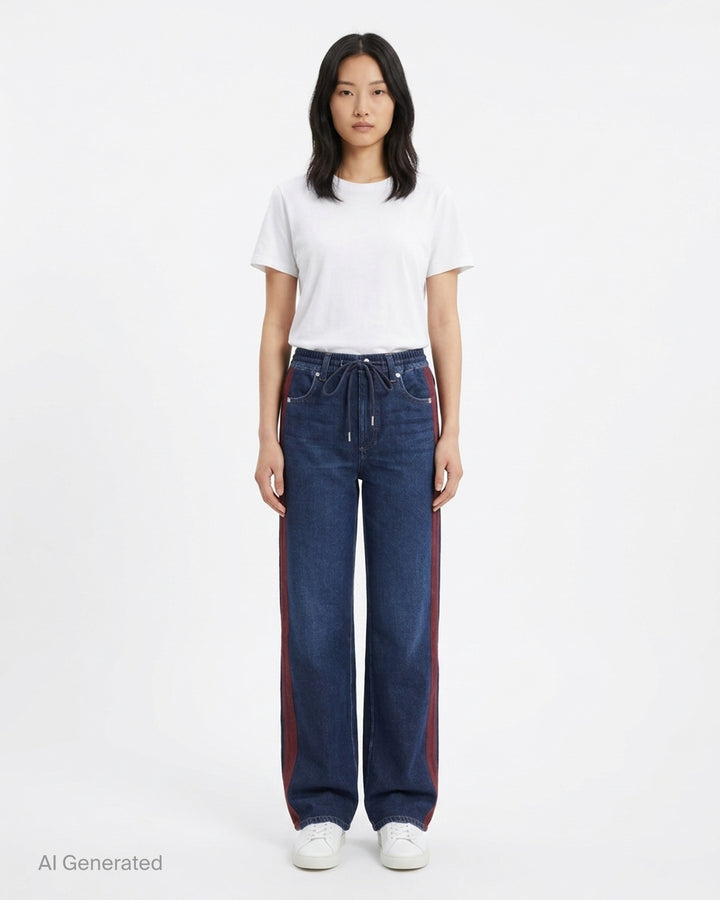 rag & bone Miramar wide-leg jeans in dark indigo denim with an elasticated drawcord waist and burgundy contrast side stripes - front
