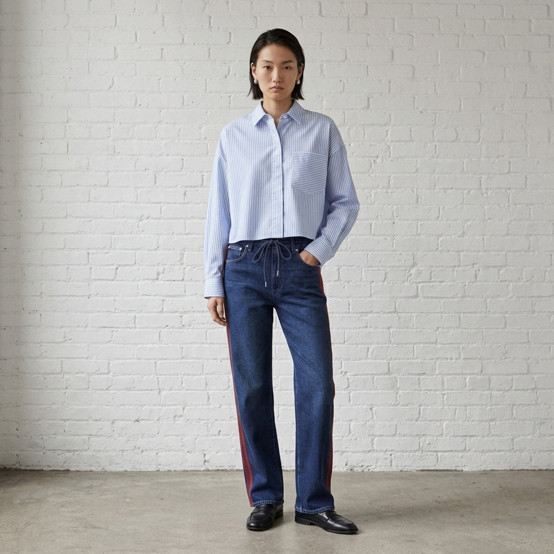 rag & bone Miramar wide-leg jeans in dark indigo denim with an elasticated drawcord waist and burgundy contrast side stripes - lifestyle