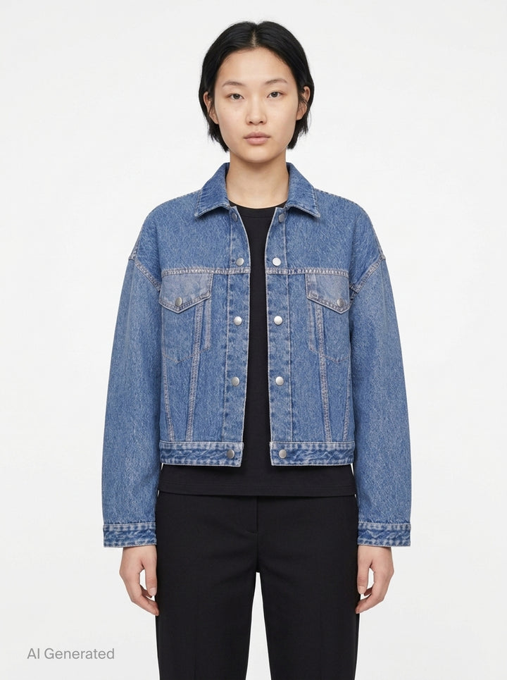 rag & bone Miramar Mallow Trucker Jacket in washed black denim with silver snap buttons, twin chest pockets, and contrast topstitching, shown flat on a white background - front
