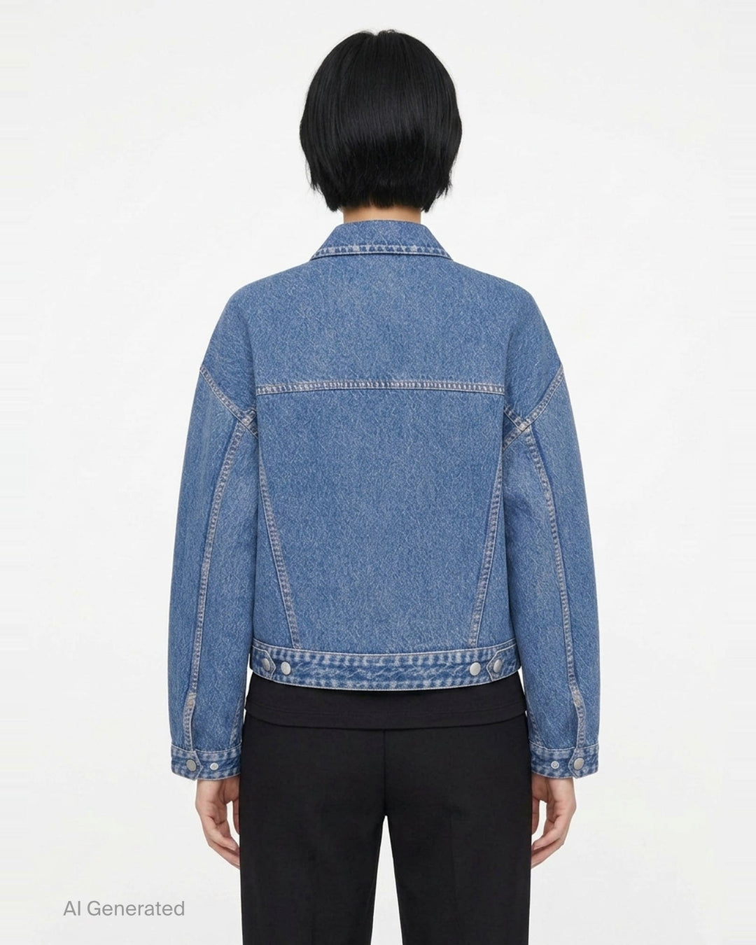 rag & bone Miramar Mallow Trucker Jacket in washed black denim with silver snap buttons, twin chest pockets, and contrast topstitching, shown flat on a white background - back