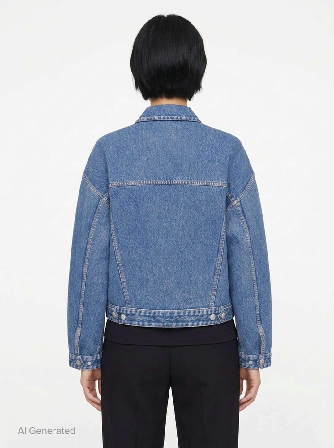 rag & bone Miramar Mallow Trucker Jacket in washed black denim with silver snap buttons, twin chest pockets, and contrast topstitching, shown flat on a white background - back