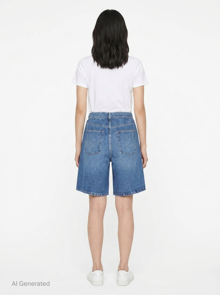 rag & bone Miramar Pull On McKenna Shorts in mid-blue washed denim with a relaxed bermuda silhouette, elasticated pull-on waistband, and five-pocket detailing - back