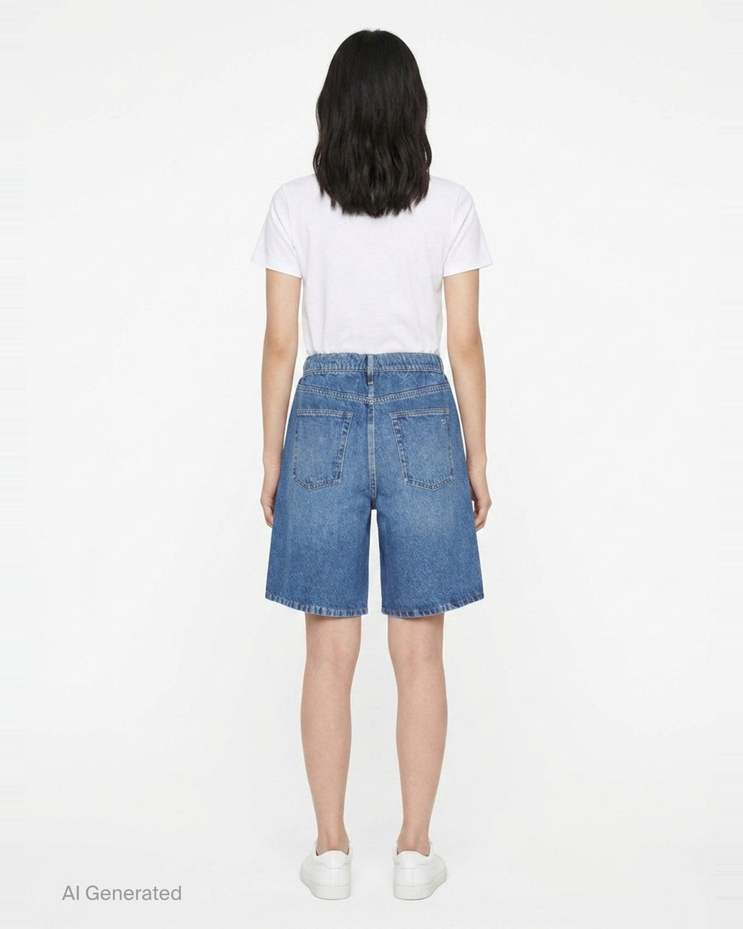 rag & bone Miramar Pull On McKenna Shorts in mid-blue washed denim with a relaxed bermuda silhouette, elasticated pull-on waistband, and five-pocket detailing - back