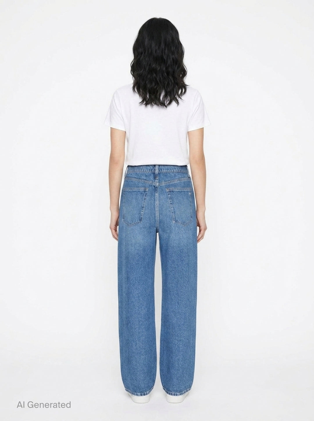 rag & bone Miramar wide-leg jeans in medium blue wash with raw fray detailing along both side seams, five-pocket styling and silver-tone hardware - back