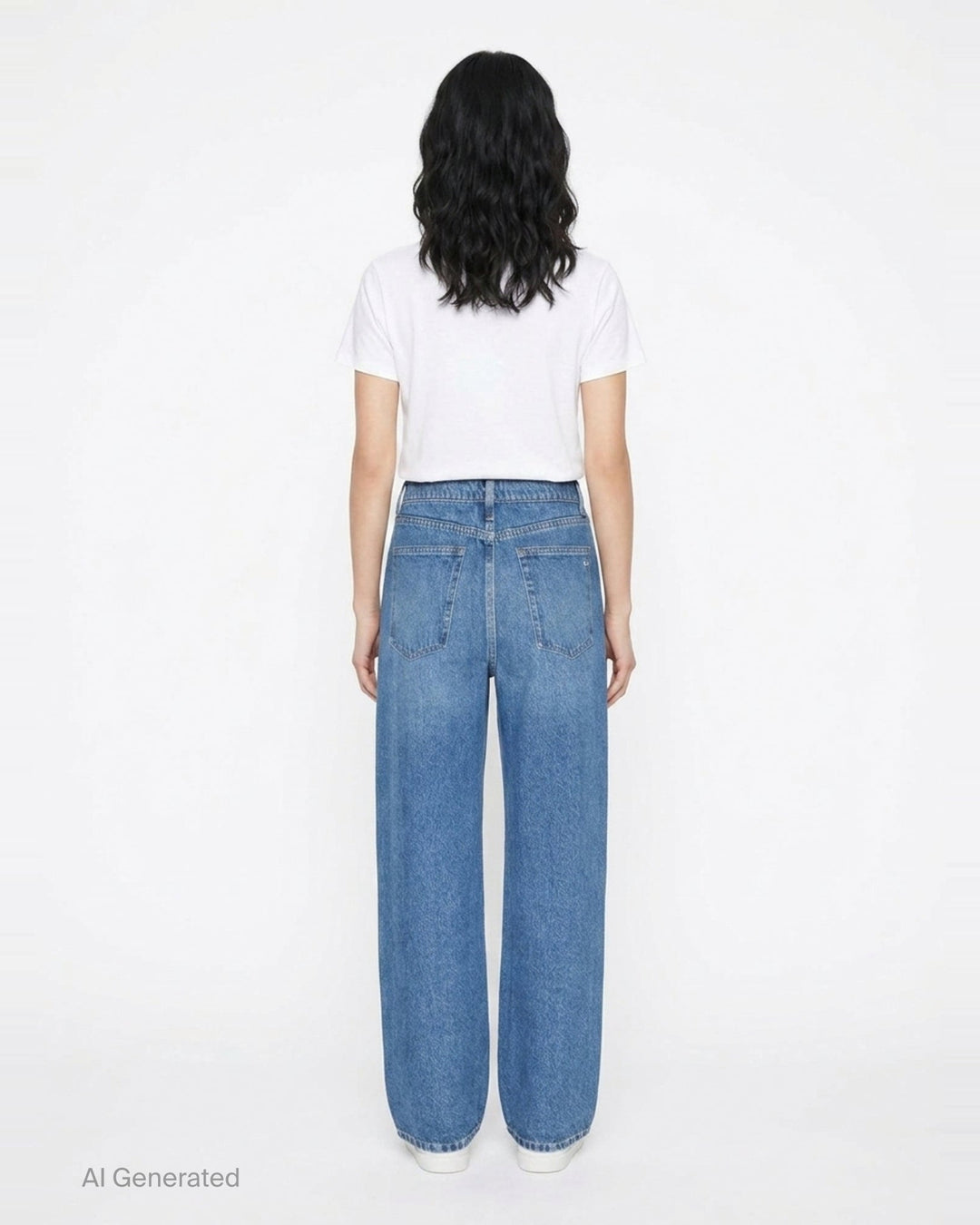rag & bone Miramar wide-leg jeans in medium blue wash with raw fray detailing along both side seams, five-pocket styling and silver-tone hardware - back