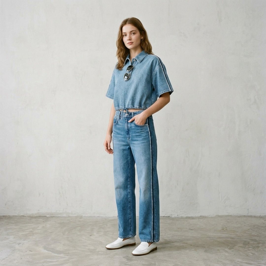 rag & bone Miramar wide-leg jeans in medium blue wash with raw fray detailing along both side seams, five-pocket styling and silver-tone hardware - lifestyle