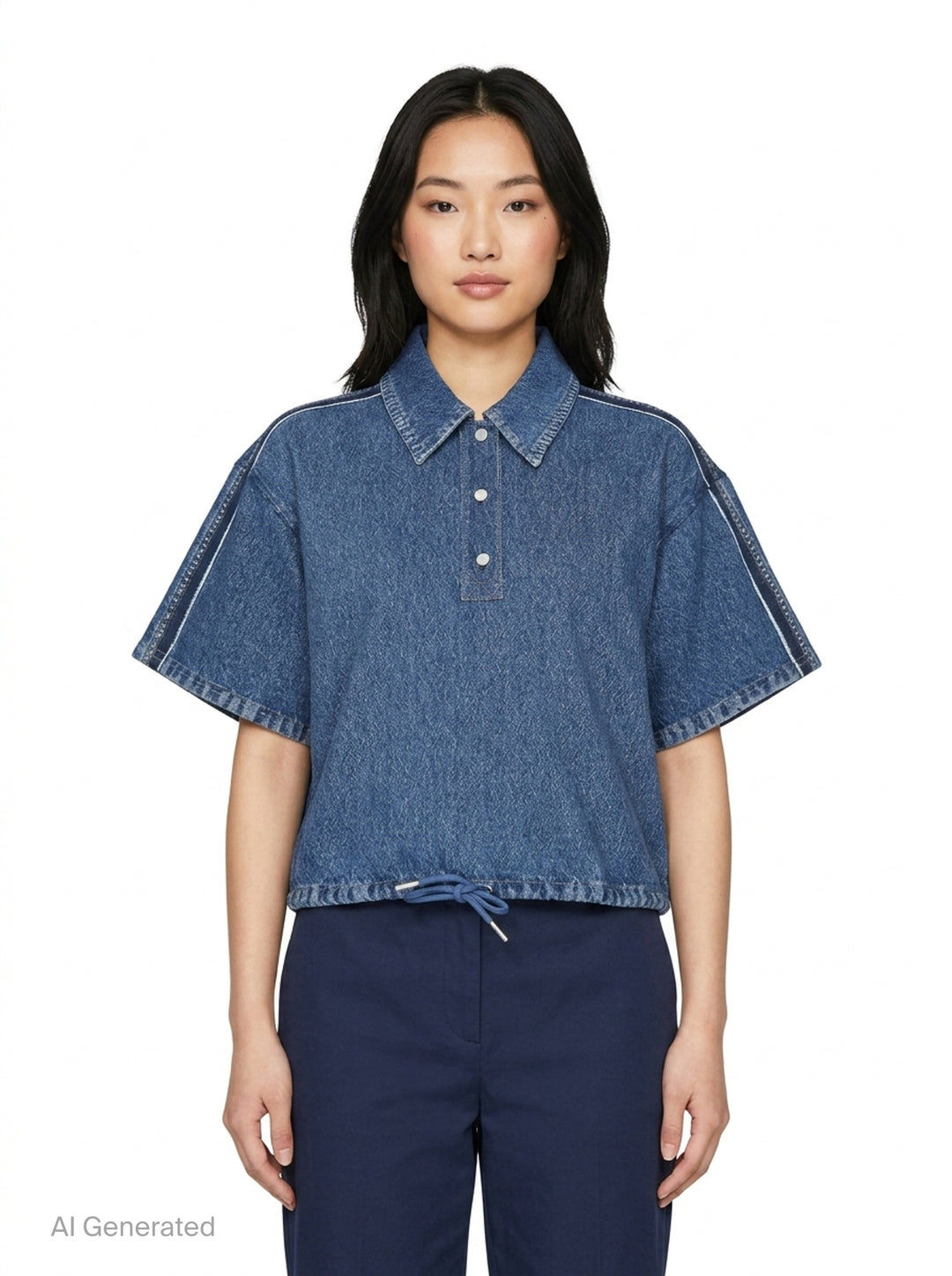 rag & bone Miramar Side Fray Polo Shirt in medium-wash denim with snap-button placket, contrast piping along the shoulder seams, raw fray detailing, and a drawstring cropped hem - front