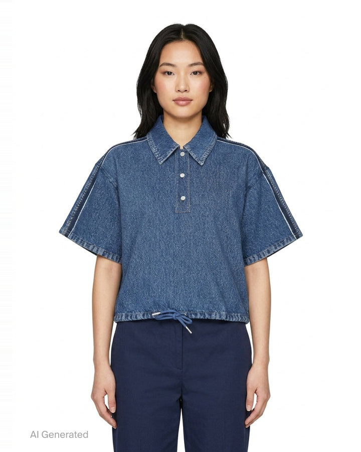 rag & bone Miramar Side Fray Polo Shirt in medium-wash denim with snap-button placket, contrast piping along the shoulder seams, raw fray detailing, and a drawstring cropped hem - front