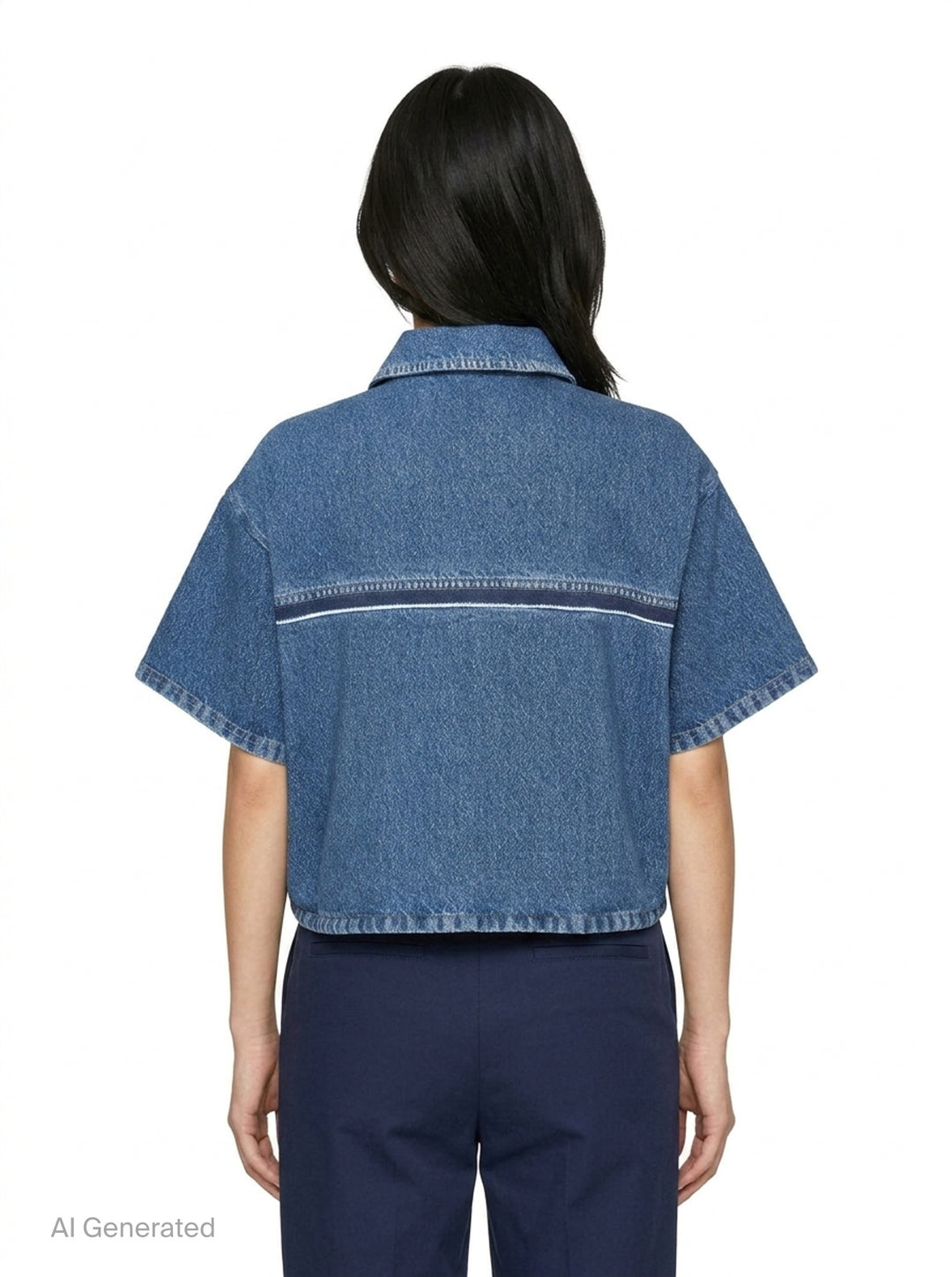 rag & bone Miramar Side Fray Polo Shirt in medium-wash denim with snap-button placket, contrast piping along the shoulder seams, raw fray detailing, and a drawstring cropped hem - back