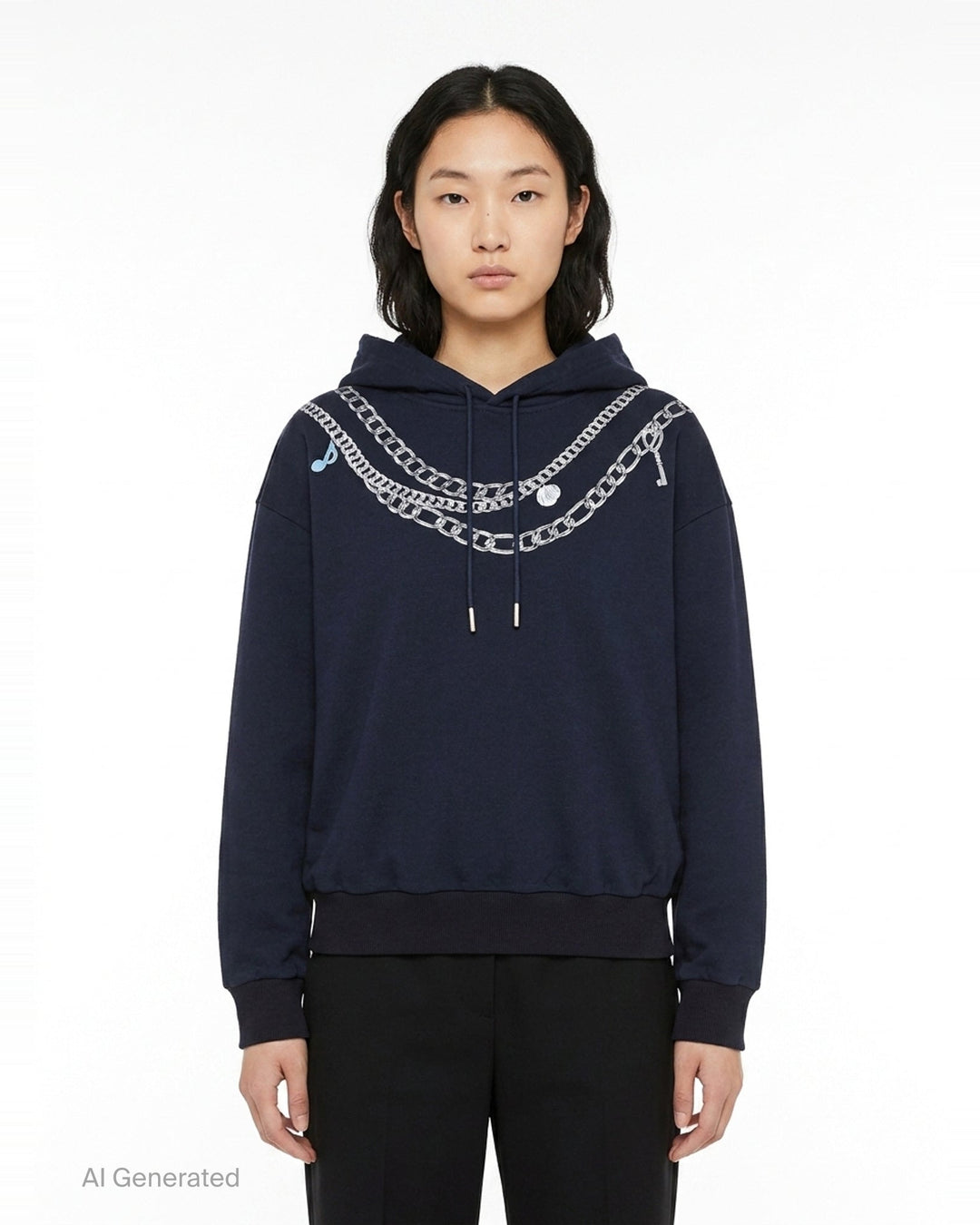 rag & bone Miramar Terry Charms Hoodie in navy, featuring a trompe-l'œil silver chain-link necklace graphic print across the chest with charm and key-pendant details, drawstring hood, and kangaroo pocket - front
