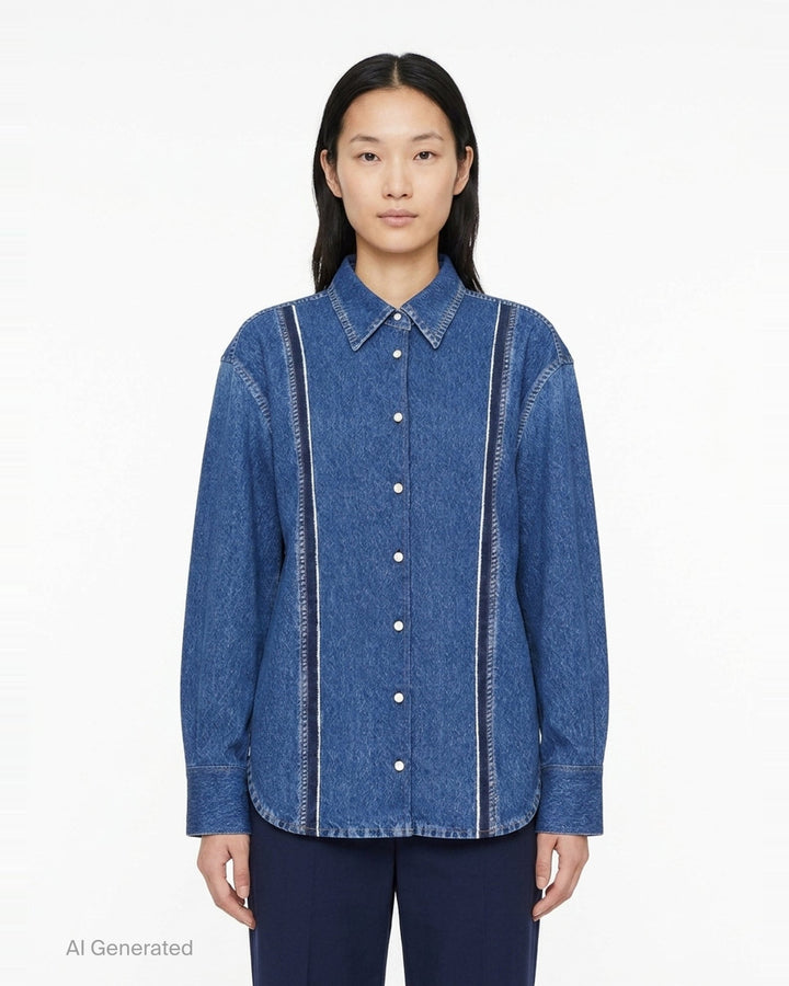 rag & bone Miramar Terry Denim Shirt in mid-blue wash with contrast vertical seam detailing, snap-button placket, point collar, and wide barrel cuffs — front view - front