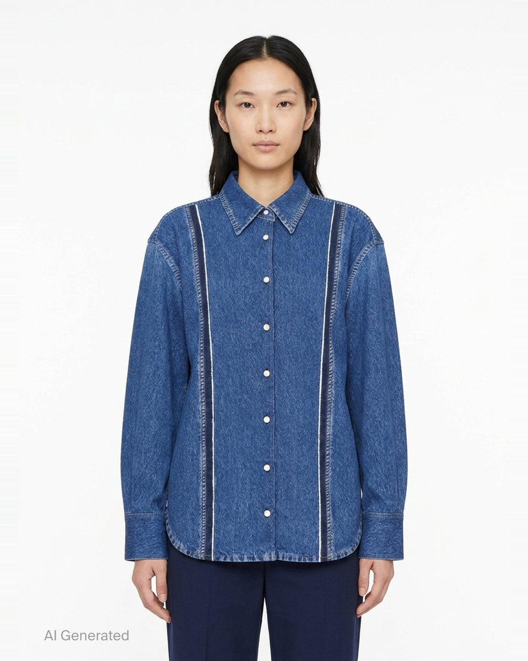 rag & bone Miramar Terry Denim Shirt in mid-blue wash with contrast vertical seam detailing, snap-button placket, point collar, and wide barrel cuffs — front view - front