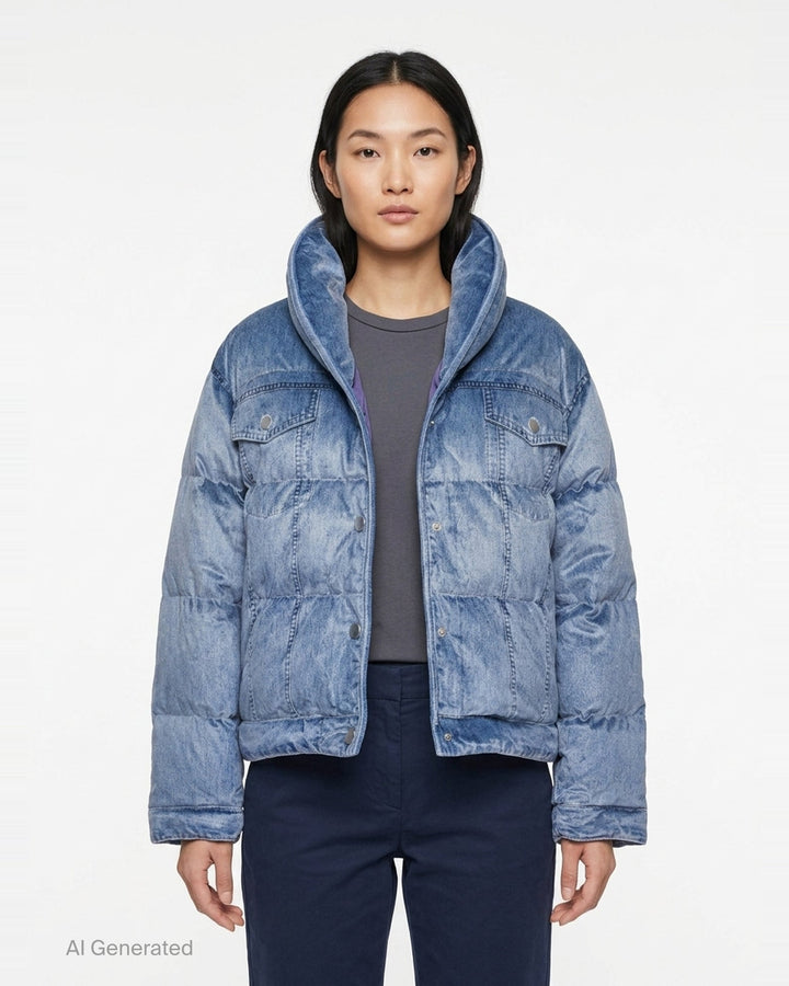 rag & bone Miramar Velvet Angie Crop Puffer in light blue denim-print velvet, featuring an oversized hood, horizontal quilted baffling, snap-button closure, and dual chest patch pockets - front