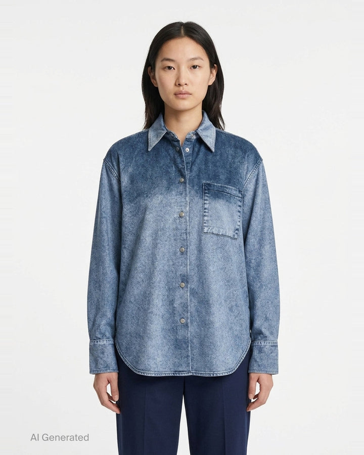rag & bone Miramar Velvet Connie Shirt in blue acid-wash denim with tonal yoke blocking, snap-button placket, and a chest patch pocket - front