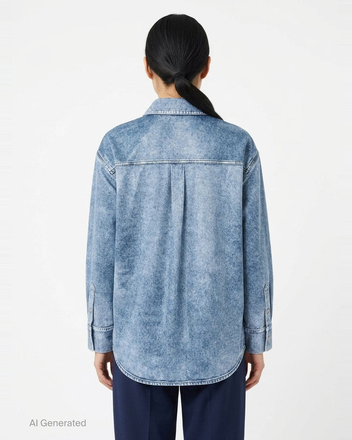 rag & bone Miramar Velvet Connie Shirt in blue acid-wash denim with tonal yoke blocking, snap-button placket, and a chest patch pocket - back