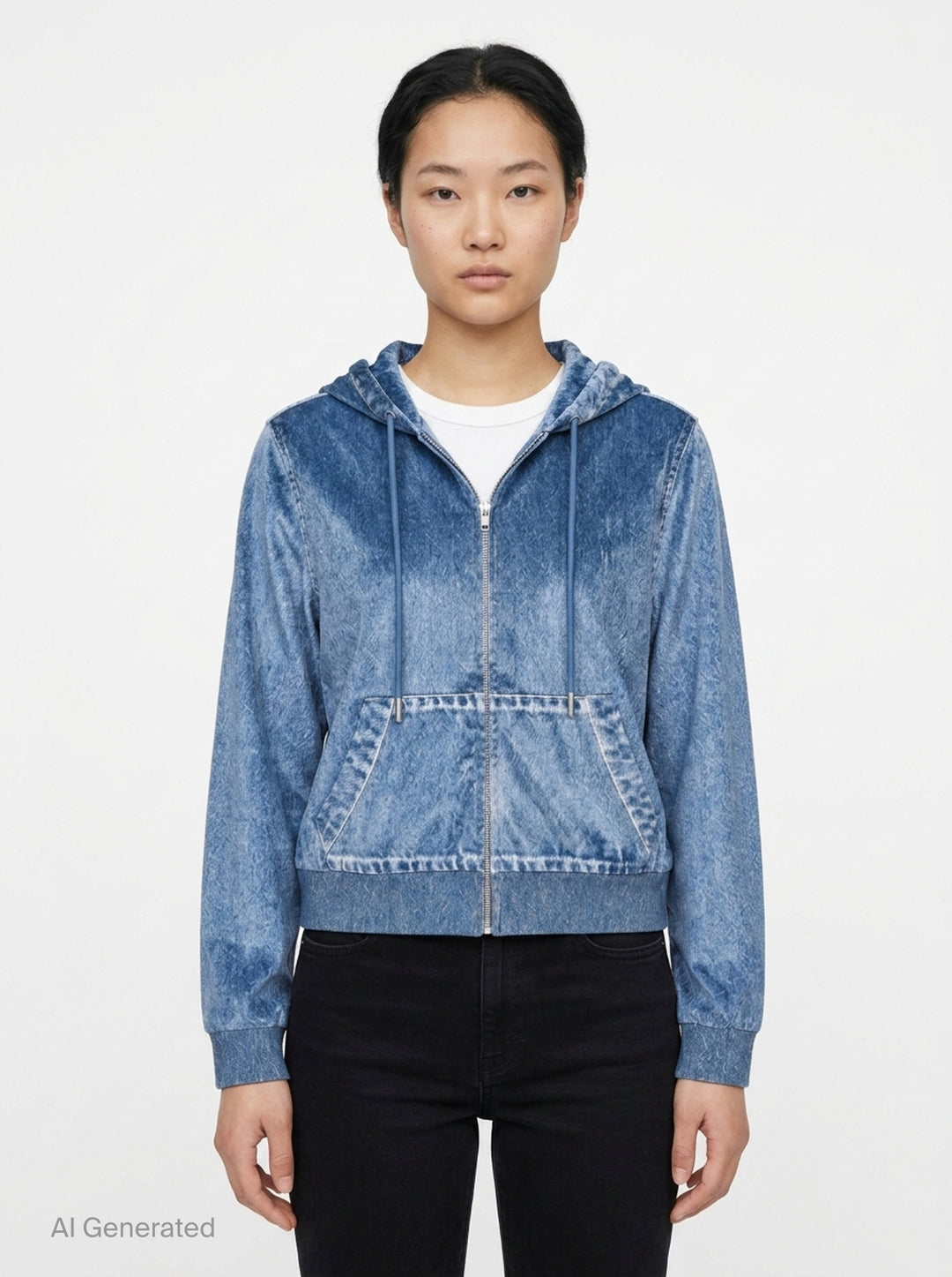 rag & bone Miramar Velvet Zip Hoodie in blue denim-look velvet with drawstring hood, full-length zip, and kangaroo front pocket - front