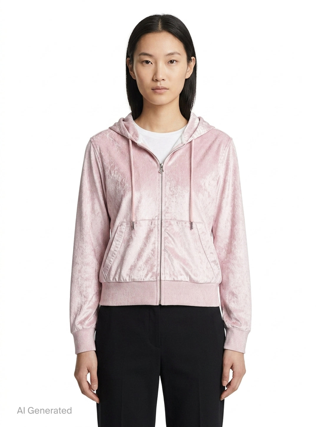 rag & bone Miramar Velvet Zip Hoodie in blue denim-look velvet with drawstring hood, full-length zip, and kangaroo front pocket - front