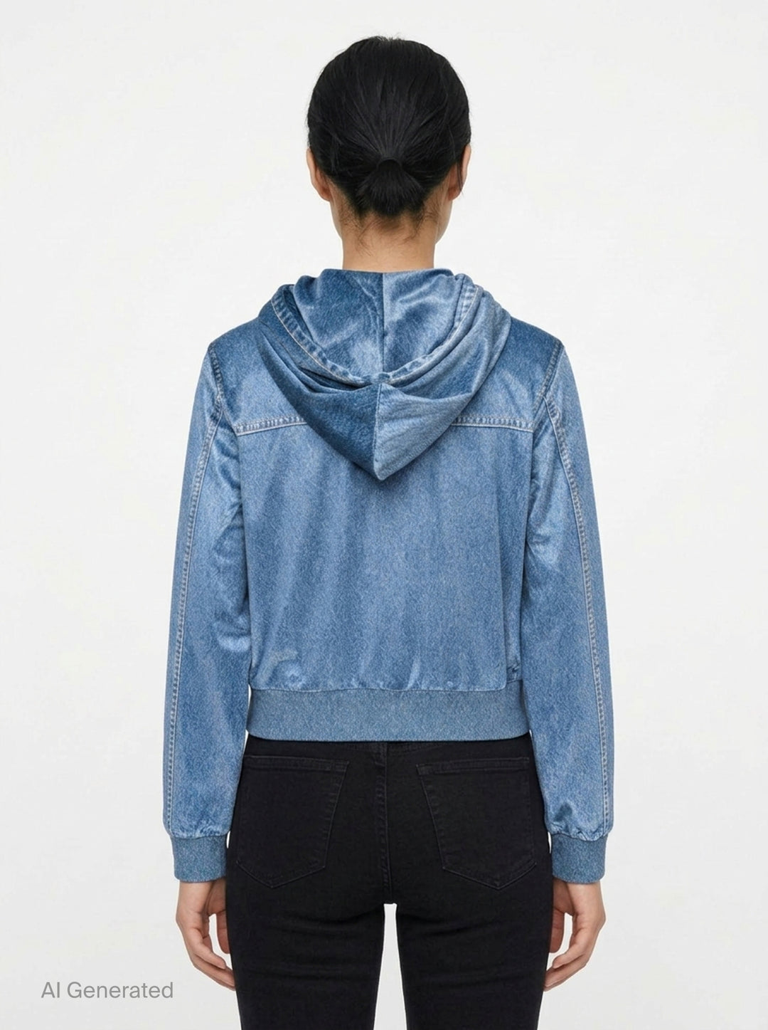 rag & bone Miramar Velvet Zip Hoodie in blue denim-look velvet with drawstring hood, full-length zip, and kangaroo front pocket - back