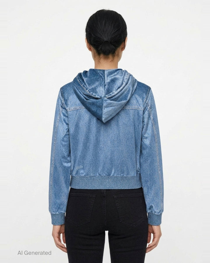 rag & bone Miramar Velvet Zip Hoodie in blue denim-look velvet with drawstring hood, full-length zip, and kangaroo front pocket - back