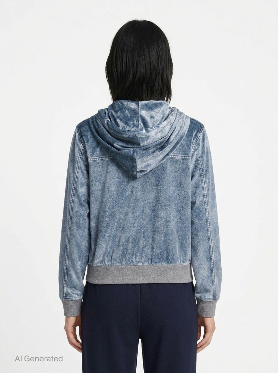 rag & bone Miramar Velvet Zip Hoodie in blue denim-look velvet with drawstring hood, full-length zip, and kangaroo front pocket - back