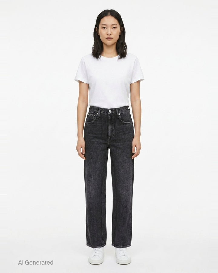 rag & bone Miramar Wide Leg Jeans in washed black denim with a high-rise waist, five-pocket styling, and silver-tone hardware, shown flat on a white background - front