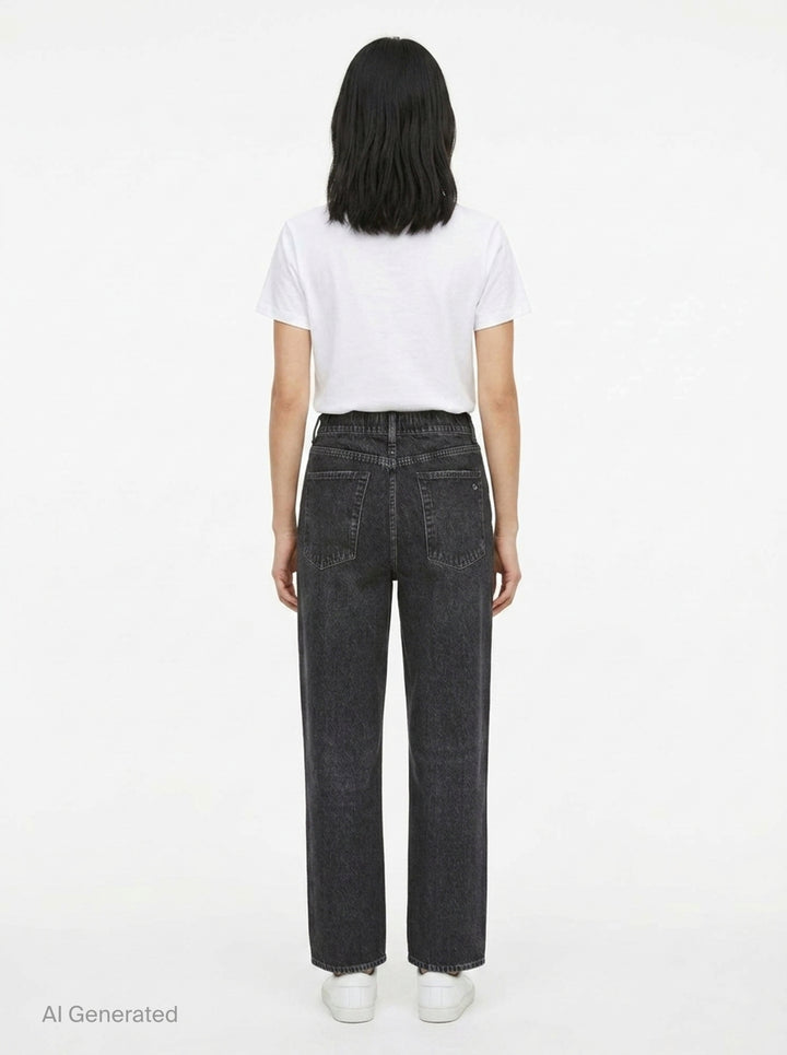 rag & bone Miramar Wide Leg Jeans in washed black denim with a high-rise waist, five-pocket styling, and silver-tone hardware, shown flat on a white background - back