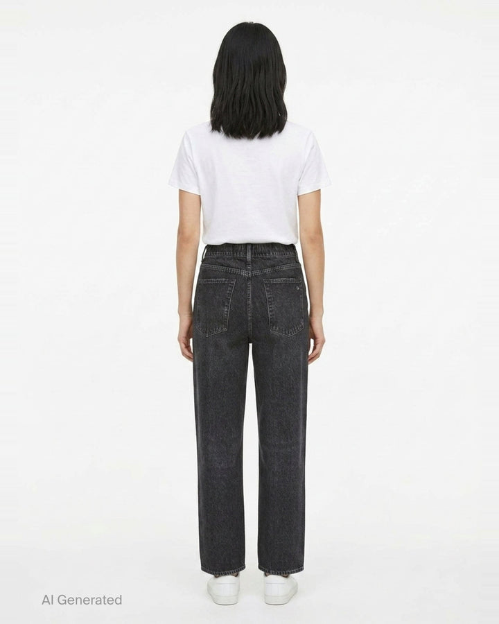 rag & bone Miramar Wide Leg Jeans in washed black denim with a high-rise waist, five-pocket styling, and silver-tone hardware, shown flat on a white background - back