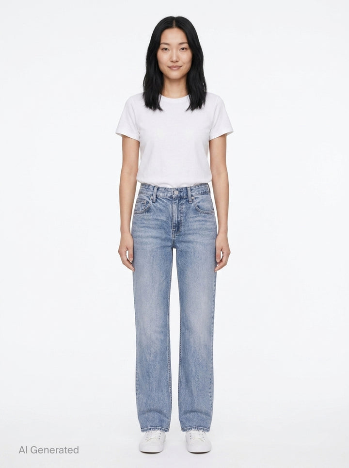 rag & bone Miramar wide leg jeans in light blue wash, shown flat with high-rise waist, five-pocket styling, and a gently flared hem - front