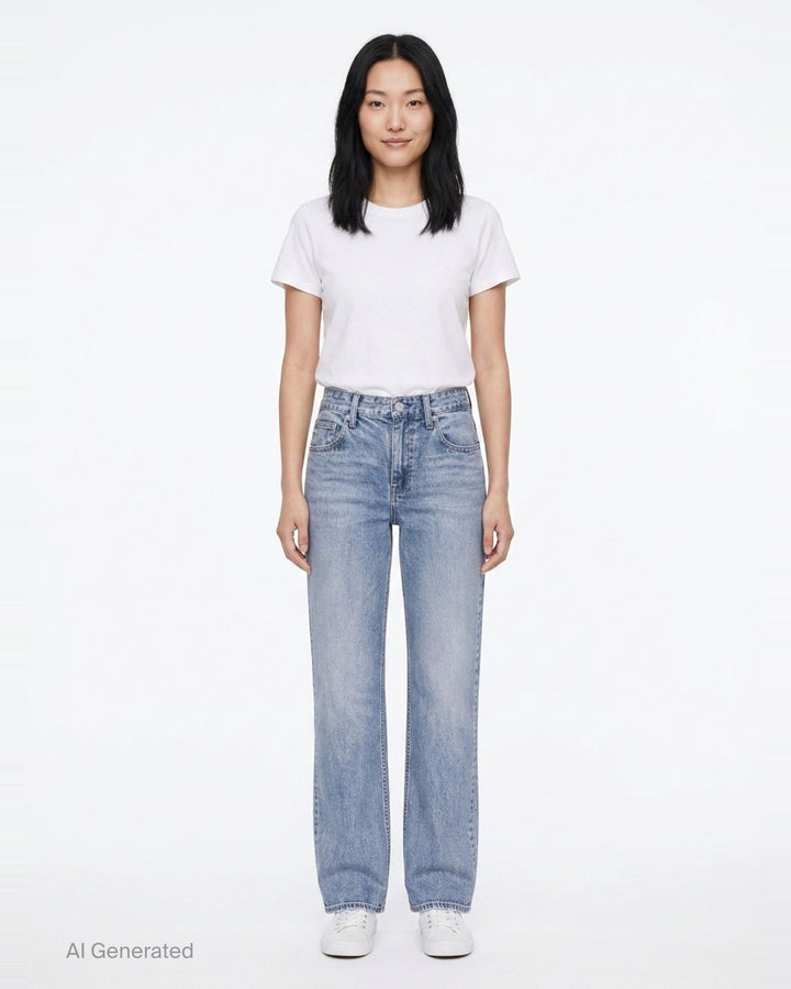 rag & bone Miramar wide leg jeans in light blue wash, shown flat with high-rise waist, five-pocket styling, and a gently flared hem - front