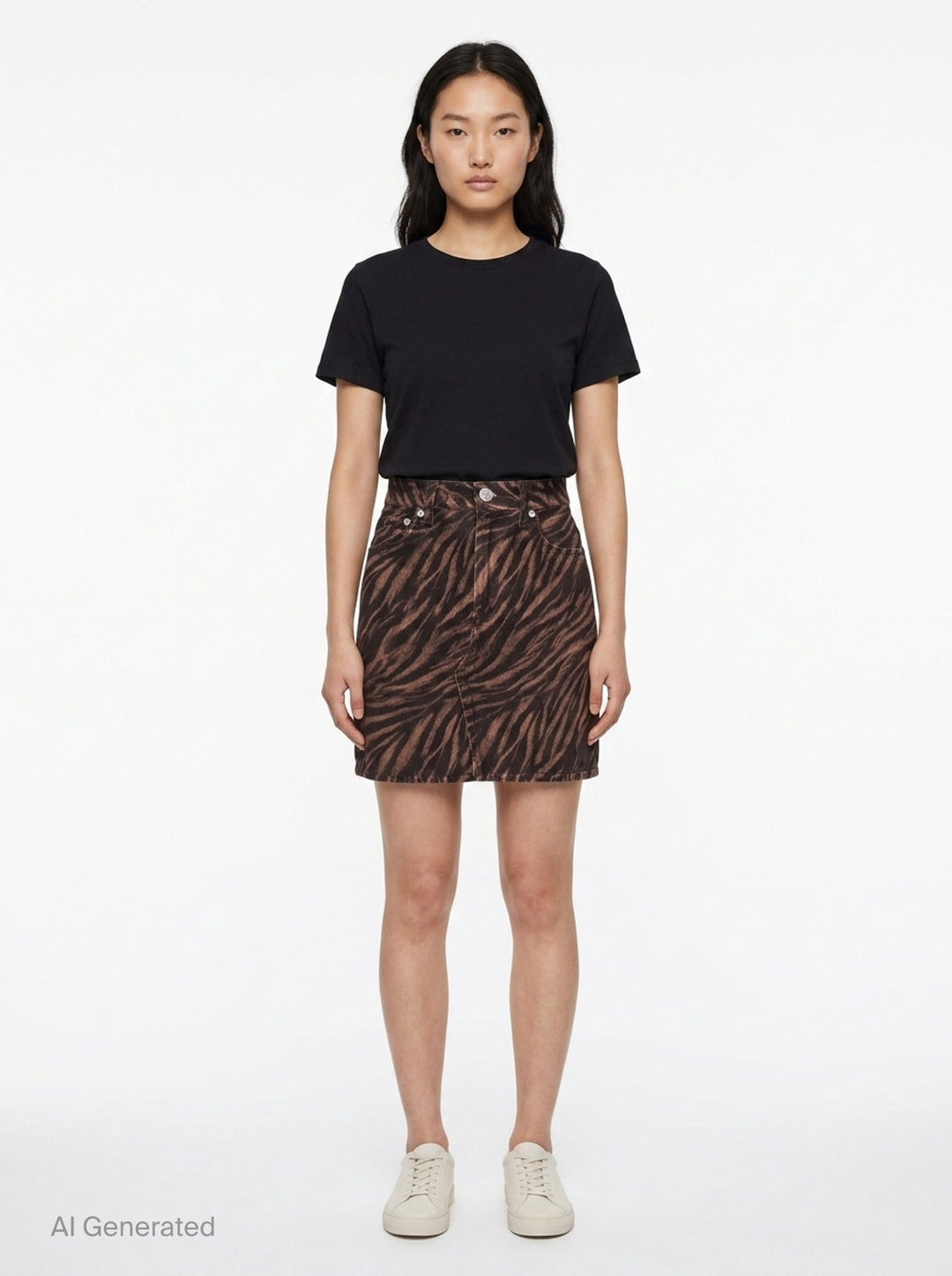 rag & bone Miramar Zebra Mini Skirt in brown and black animal print denim with high waist, silver-tone hardware, and five-pocket styling - front
