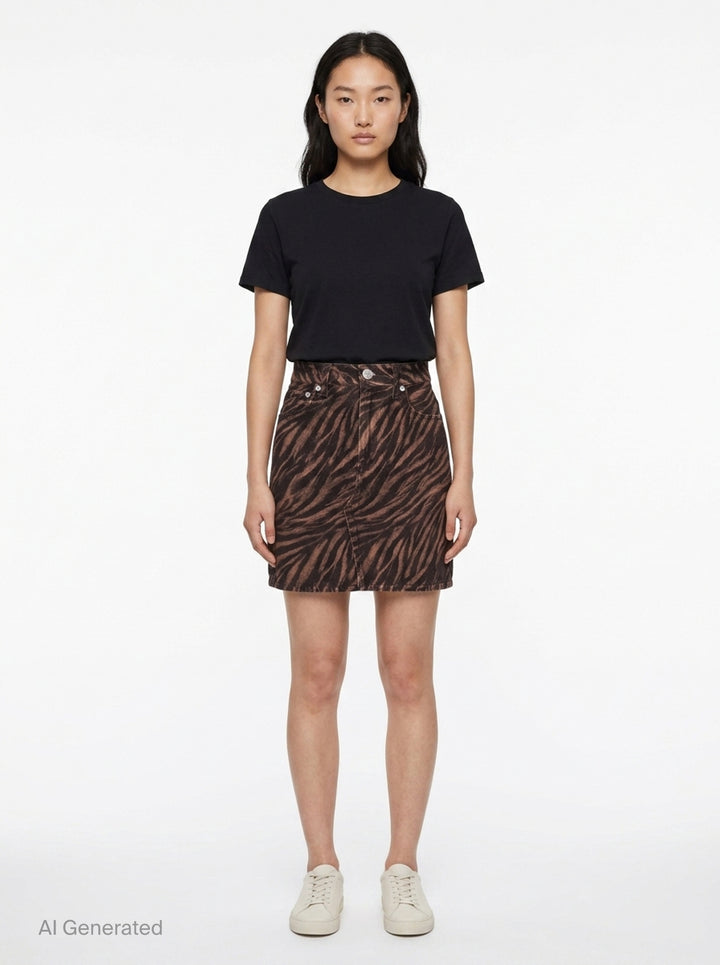 rag & bone Miramar Zebra Mini Skirt in brown and black animal print denim with high waist, silver-tone hardware, and five-pocket styling - front