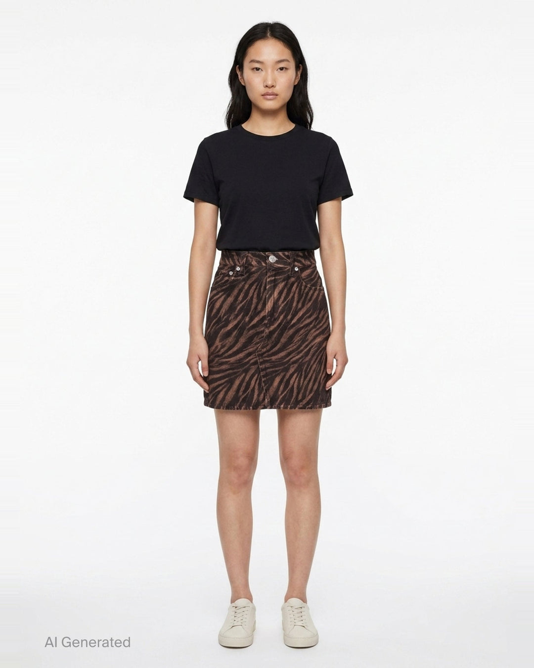 rag & bone Miramar Zebra Mini Skirt in brown and black animal print denim with high waist, silver-tone hardware, and five-pocket styling - front