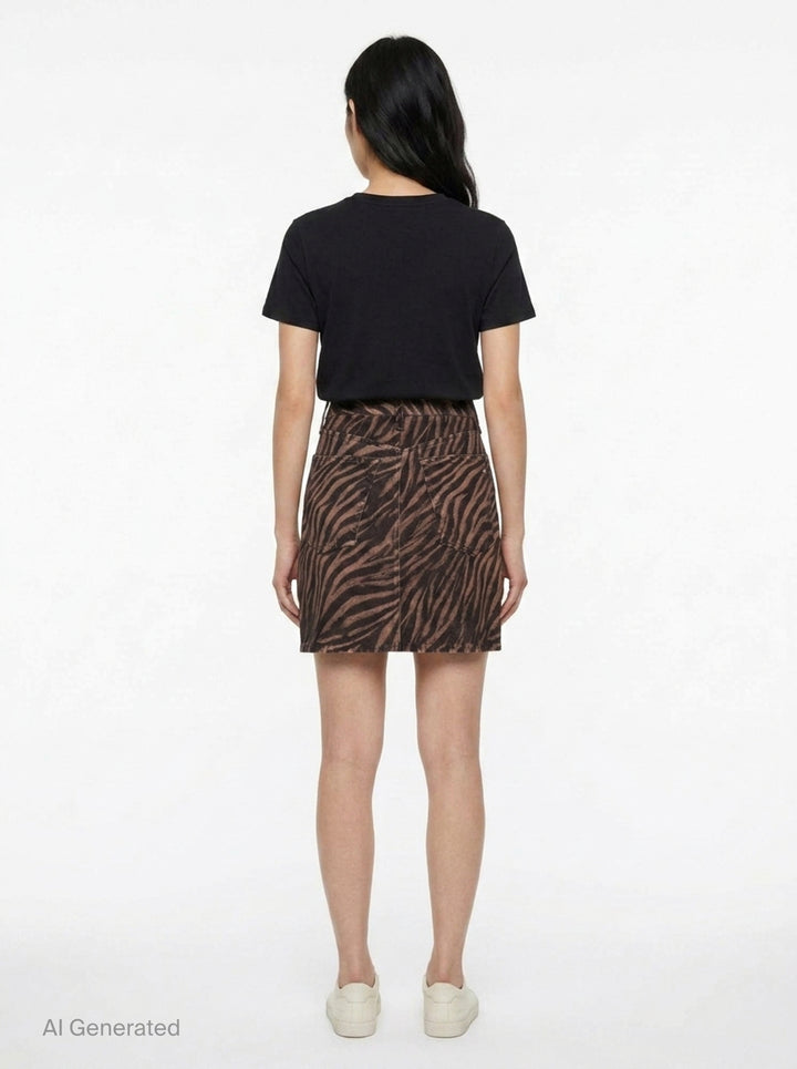 rag & bone Miramar Zebra Mini Skirt in brown and black animal print denim with high waist, silver-tone hardware, and five-pocket styling - back