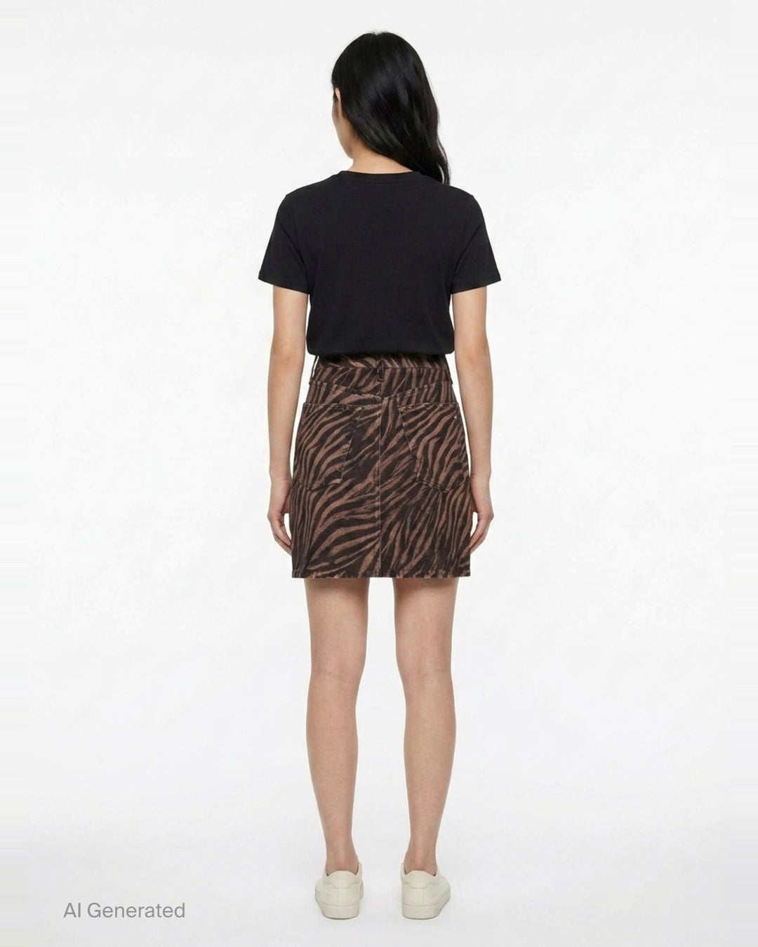 rag & bone Miramar Zebra Mini Skirt in brown and black animal print denim with high waist, silver-tone hardware, and five-pocket styling - back