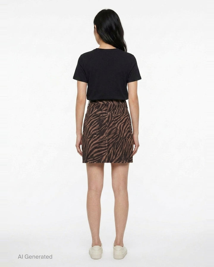 rag & bone Miramar Zebra Mini Skirt in brown and black animal print denim with high waist, silver-tone hardware, and five-pocket styling - back