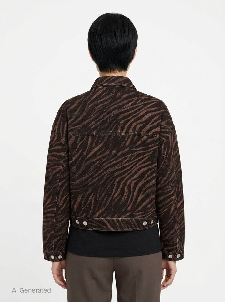 rag & bone Miramar Ponte Zebra Trucker Jacket in tonal brown and black zebra print with silver snap-button closures and dual chest pockets, front view on white background - back