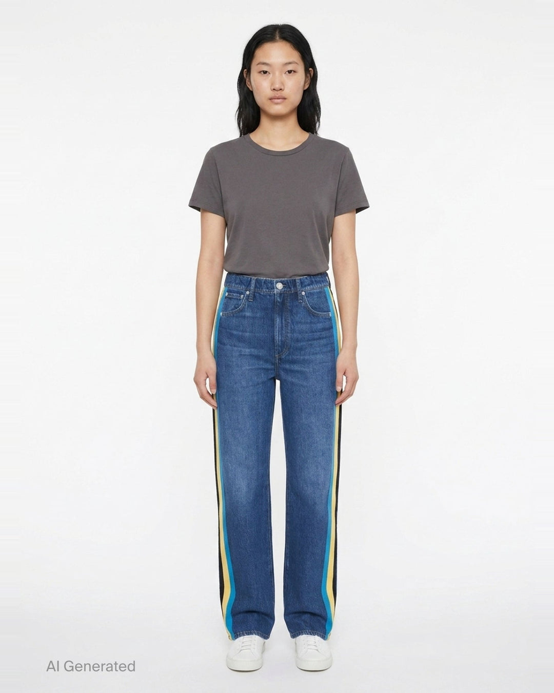 rag & bone washed black wide-leg jeans with contrast green and white side stripes along the outer seams, high-rise fit, five-pocket construction - front