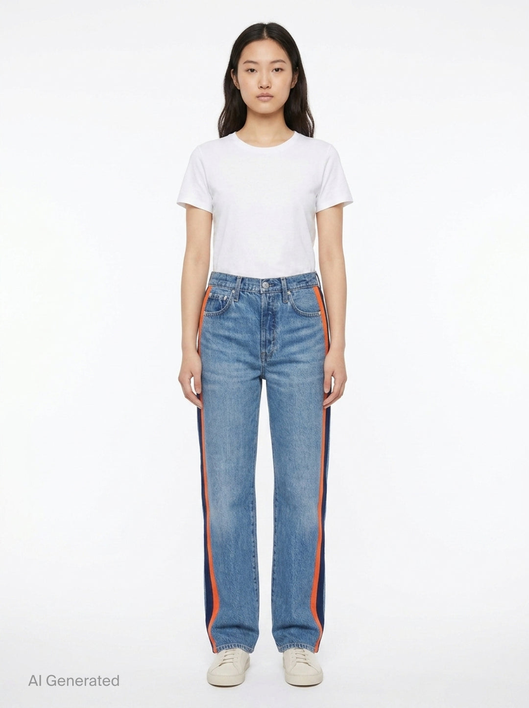 rag & bone washed black wide-leg jeans with contrast green and white side stripes along the outer seams, high-rise fit, five-pocket construction - front