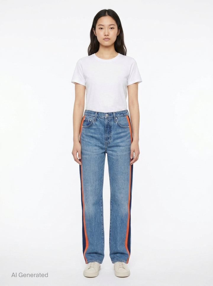 rag & bone washed black wide-leg jeans with contrast green and white side stripes along the outer seams, high-rise fit, five-pocket construction - front