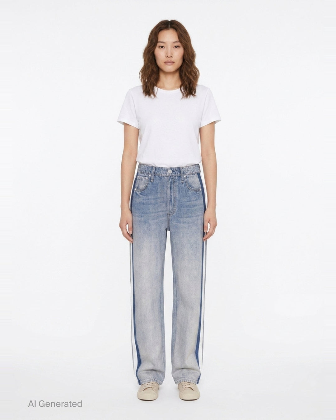 rag & bone washed black wide-leg jeans with contrast green and white side stripes along the outer seams, high-rise fit, five-pocket construction - front